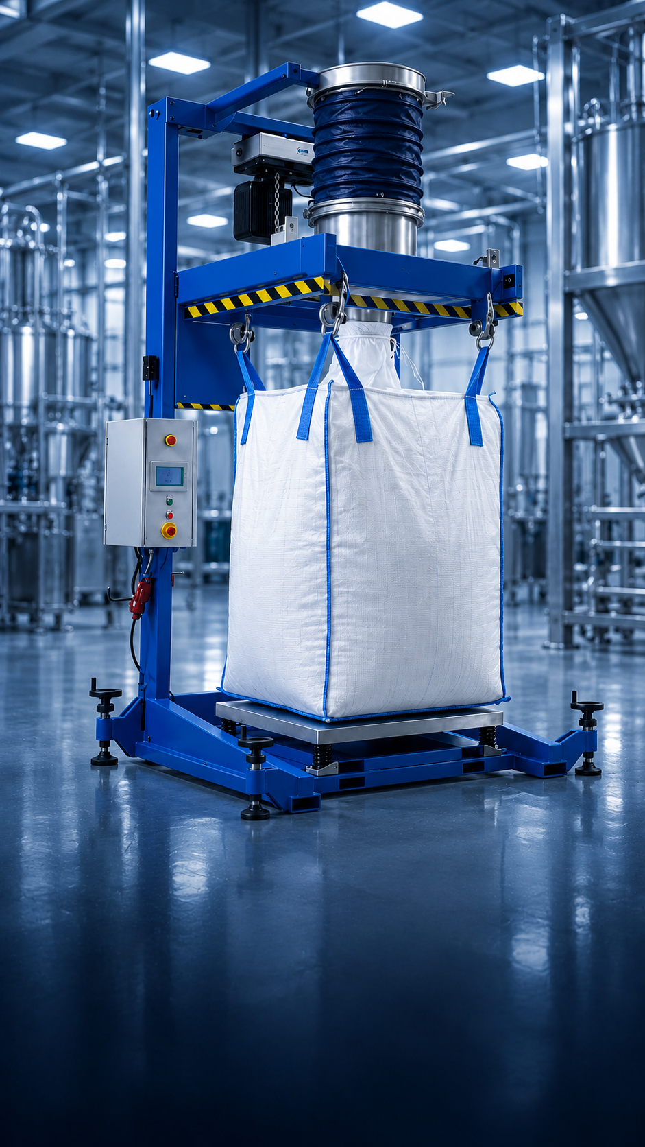 Şişirilebilir dolum manşetine bağlı büyük çuval ile Big Bag dolum ünitesi.